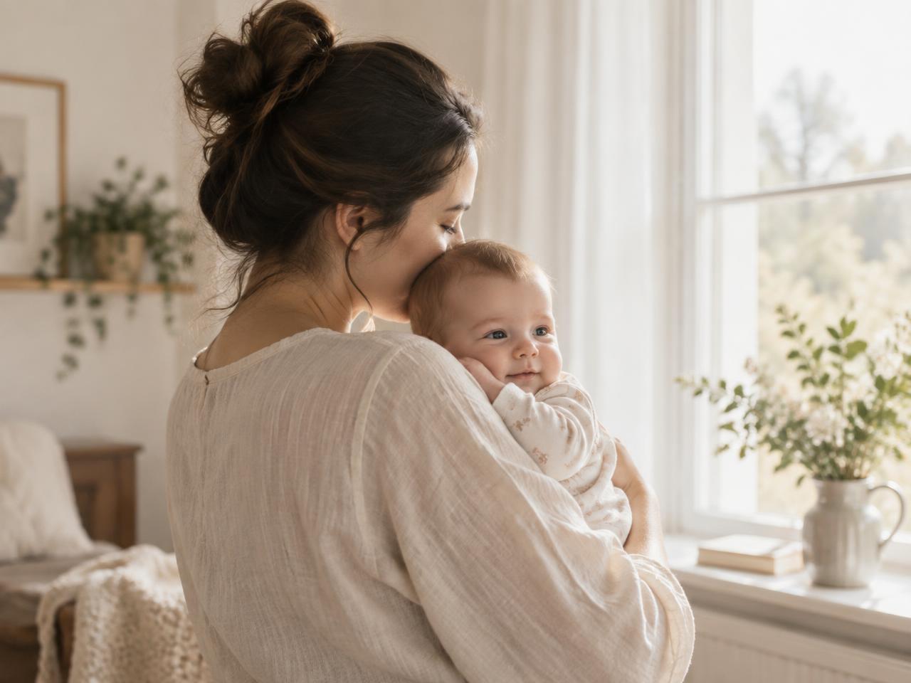 Mãe abraçando seu bebê em casa